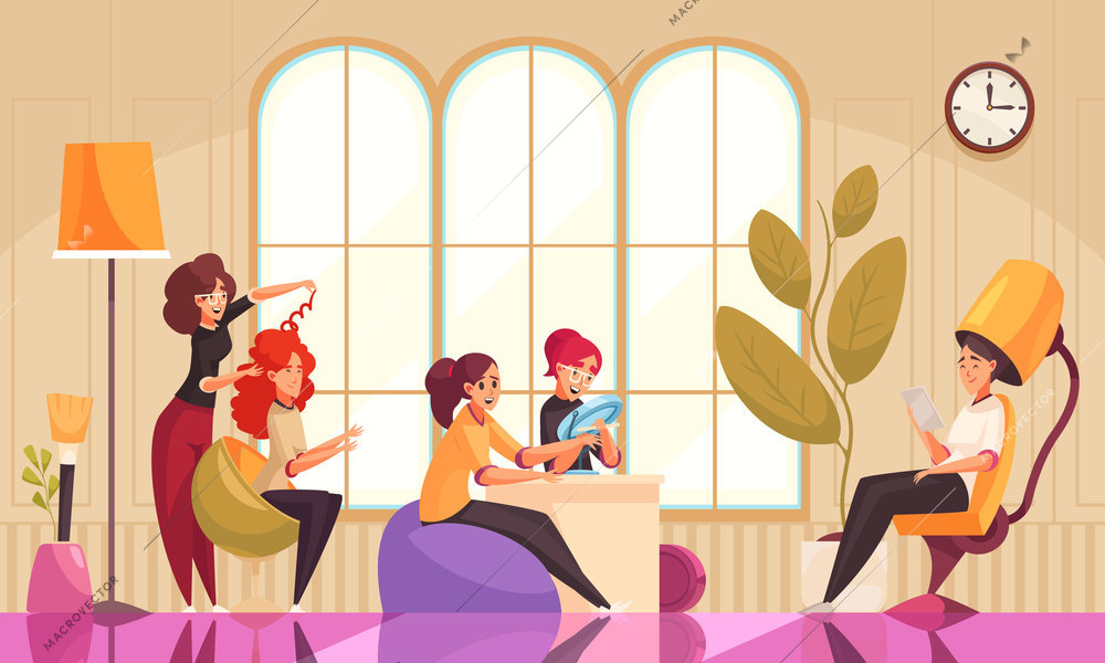 Makeup beautician stylist composition with beauty salon interior indoor scenery and female clients during cosmetic procedures vector illustration