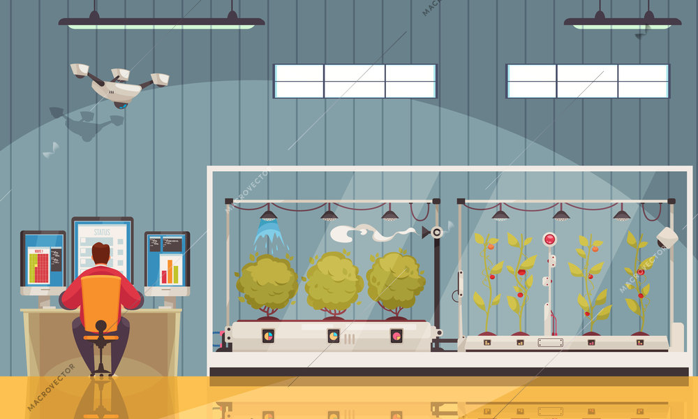 Smart farm composition with indoor view of farmstead building with plants in greenhouses and monitoring panel vector illustration