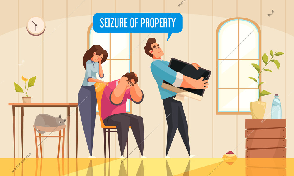 Mortgage credit family composition with home interior and unhappy couple with agent seizing property and text vector illustration