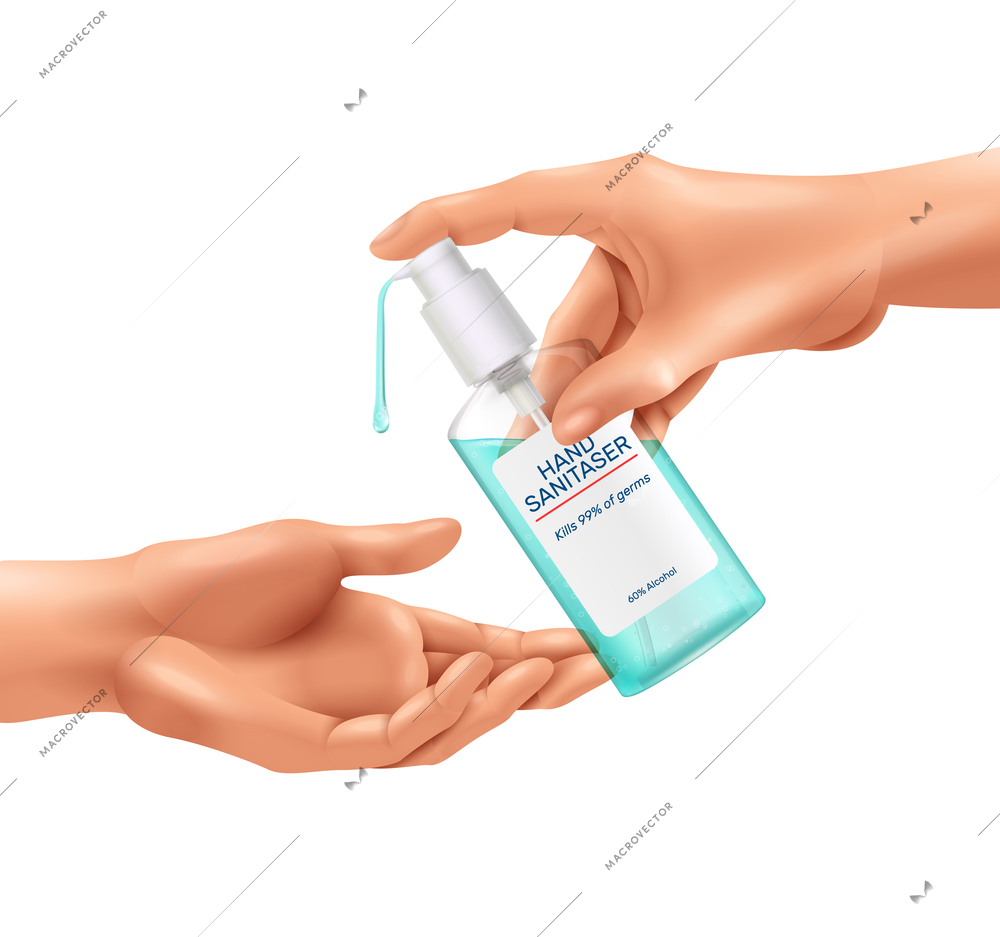 Sanitizer bottle realistic composition with branded jar of sanitizing gel with colourful drop and human hands vector illustration