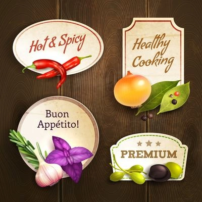 Realistic herbs and spices decorative kitchen badges set on wooden background isolated vector illustration