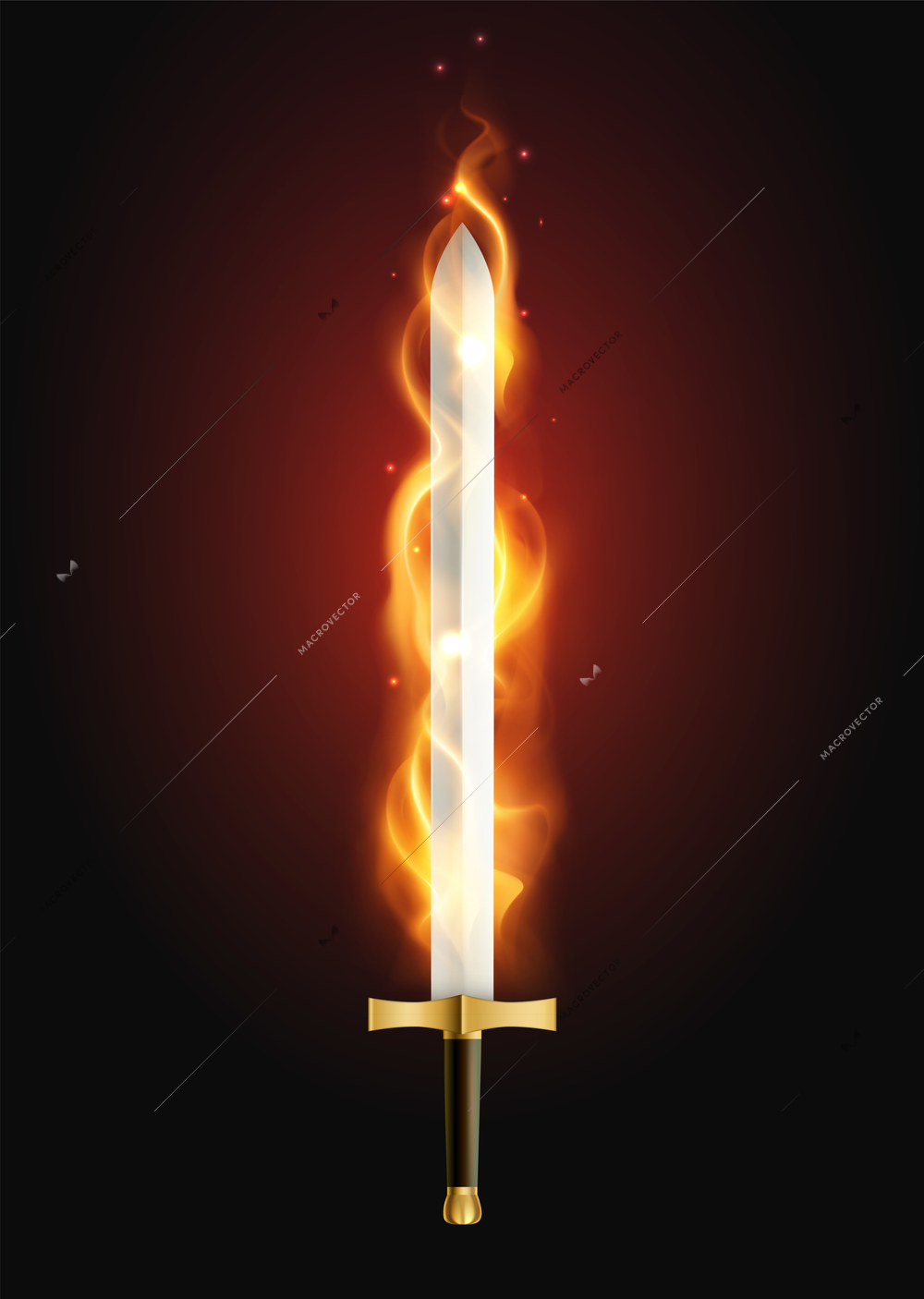 Legendary sword glowing with flame fire breathing weapon mythology supernatural power against dark background realistic vector illustration