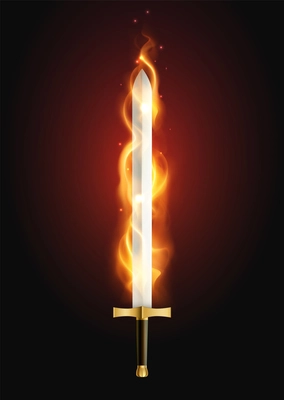 Legendary sword glowing with flame fire breathing weapon mythology supernatural power against dark background realistic vector illustration