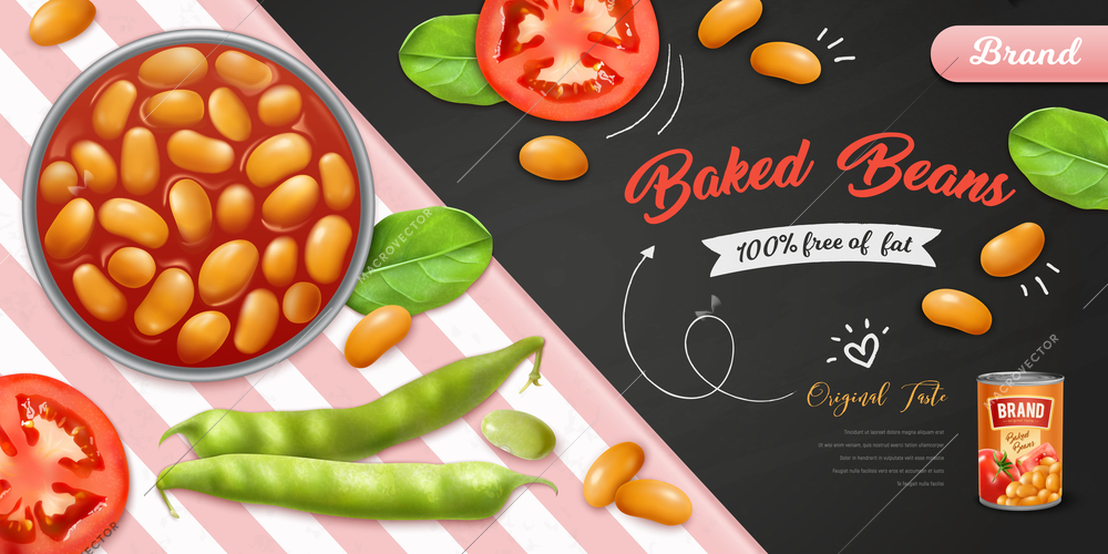 Realistic bowl of baked beans in tomato sauce pods and leaves on chalkboard and striped background vector illustration