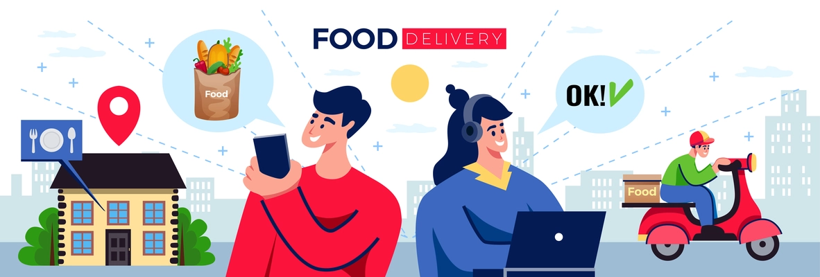 Food delivery horizontal illustration with customers making online order and courier  delivering food on motorcycle flat vector illustration