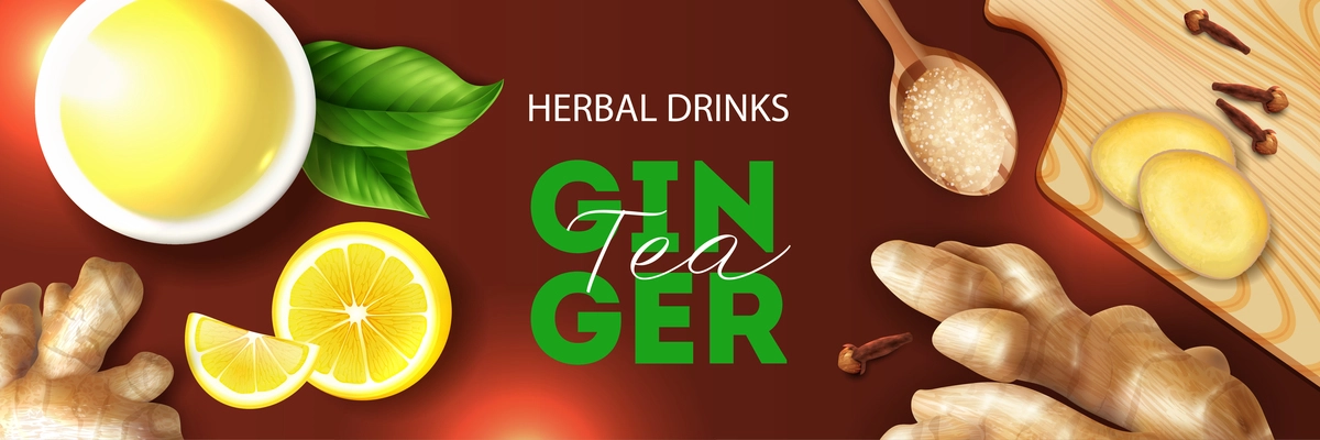 Herbal drinks realistic horizontal banner header  with ginger lemon clove detox tea ingredients top view vector illustration