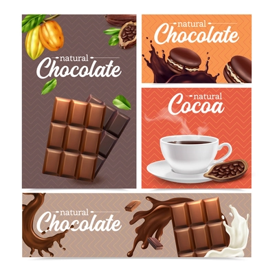 Cocoa realistic banners set of chocolate bar  cacao beans cup of hot chocolate isolated vector illustration