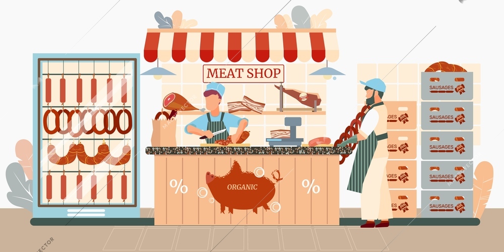 Sausages store flat composition with view of meat shop market stall with food products and people vector illustration