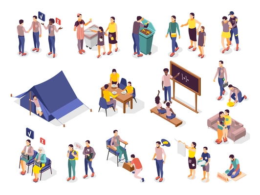 Rich and pool people in different situations isometric icons set 3d isolated vector illustration