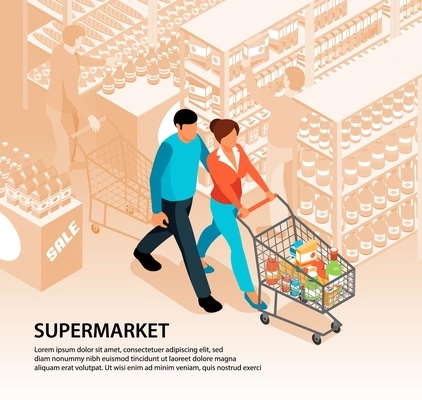 Isometric supermarket shopping background composition with text hypermarket scenery and couple characters walking with basket cart vector illustration