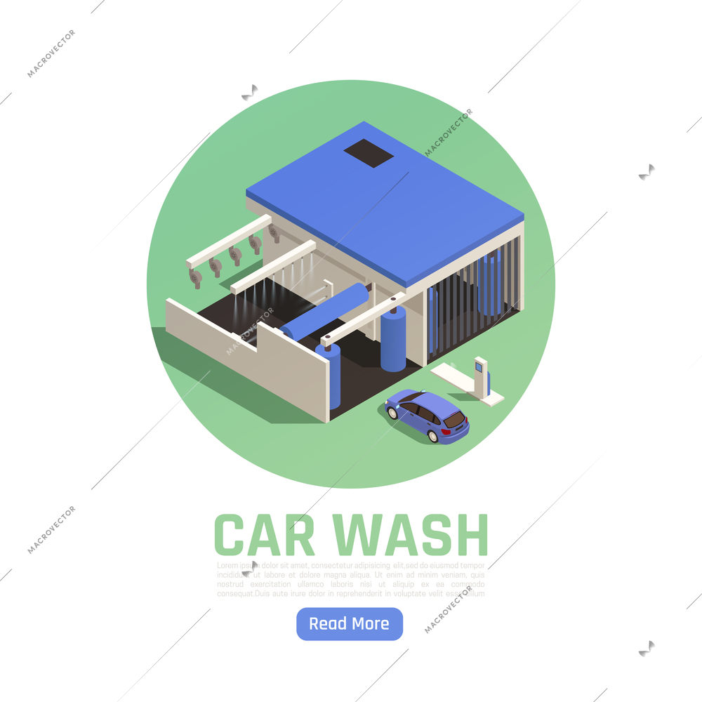 Automatic drive though car wash facility exterior isometric view circular blue green composition web page vector illustration