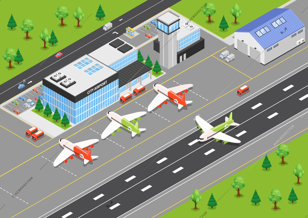 Top view of airport isometric background with terminal building airplanes on airfield and runways vector illustration