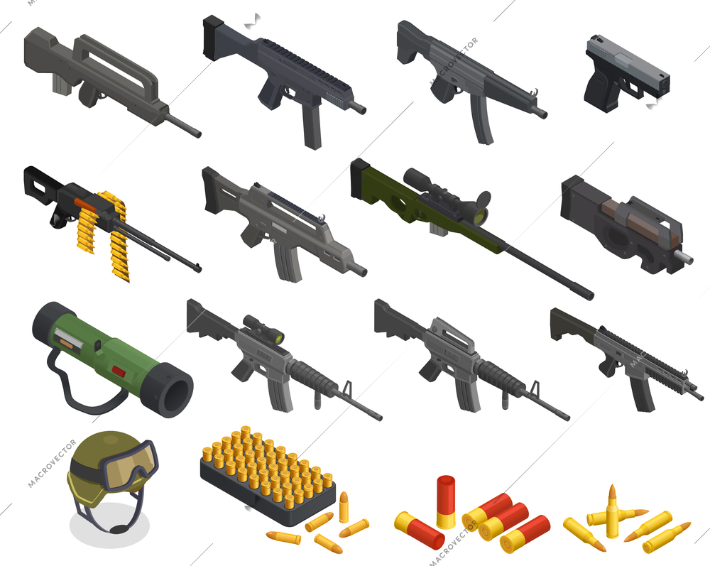 Army weapons isometric set with isolated icons and images of guns bullets and various arms inventory vector illustration