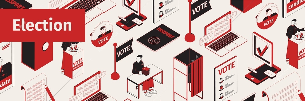 Site header election isometric composition of isolated icons voting symbols cabins and human characters with text vector illustration