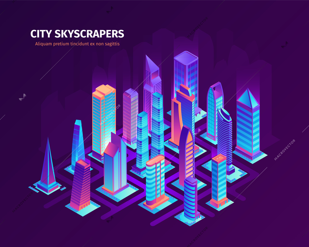 Isometric city skyscrapers composition with text and multiple buildings of different architecture design colored in neon vector illustration