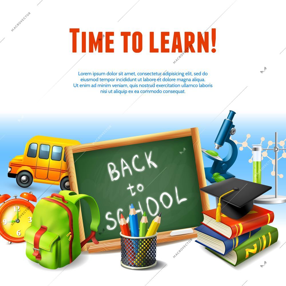 Realistic back to school rime to learn border template with education icons vector illustration.