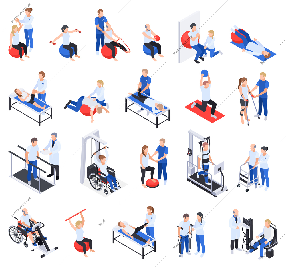 Physiotherapy rehabilitation clinic isometric icons set with injured and disabled people massage treatment exercises equipment vector illustration