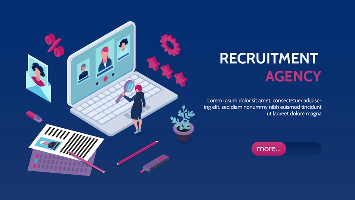 Recruitment employment agency isometric landing page banner with finding vacancies selecting applicants for job interview vector illustration