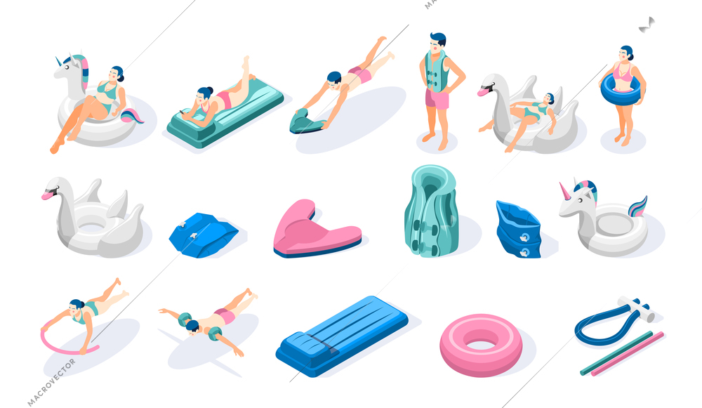 Isometric swimming aids icons set with people inflatable ring air bed noodle arm band isolated on white background 3d vector illustration