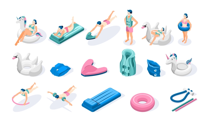 Isometric swimming aids icons set with people inflatable ring air bed noodle arm band isolated on white background 3d vector illustration