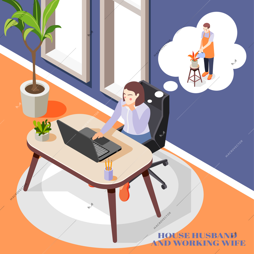 Working at office wife thinking about husband doing household chores isometric background 3d vector illustration