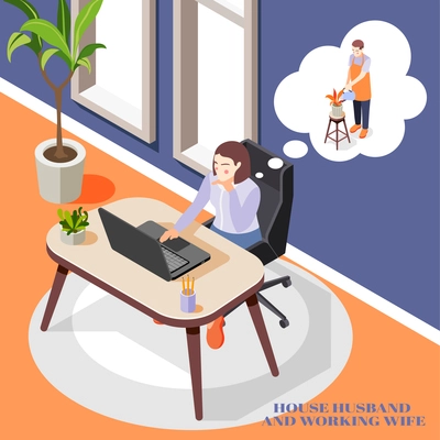 Working at office wife thinking about husband doing household chores isometric background 3d vector illustration