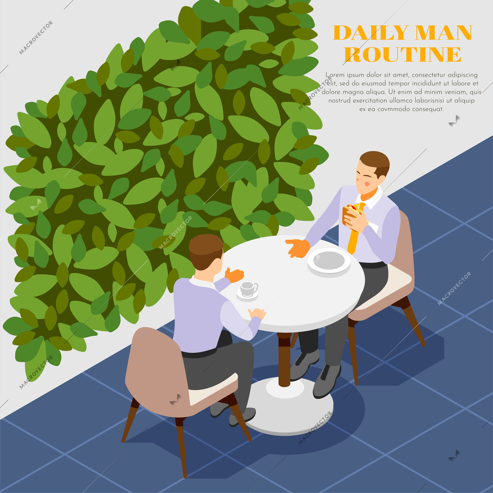 Daily routine background with two men talking and eating during lunch break 3d vector illustration