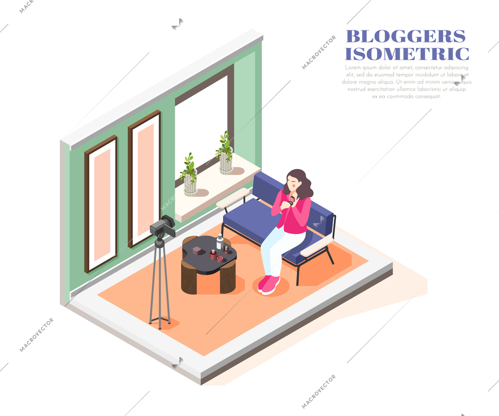 Isometric composition with woman beauty blogger recording video at home 3d vector illustration