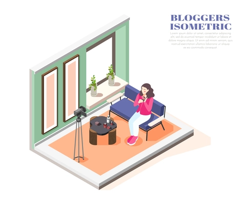 Isometric composition with woman beauty blogger recording video at home 3d vector illustration