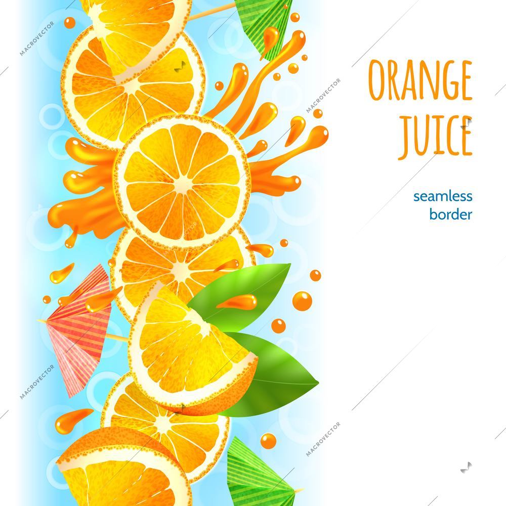 Sliced oranges with leaves and juice splash fruit border vector illustration