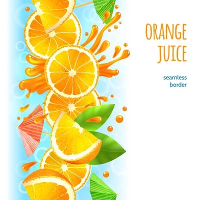 Sliced oranges with leaves and juice splash fruit border vector illustration