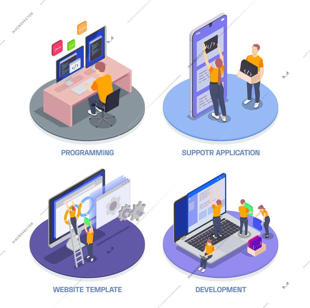 Isolated programming coding development isometric icon set with programming support application website template and development descriptions vector illustration