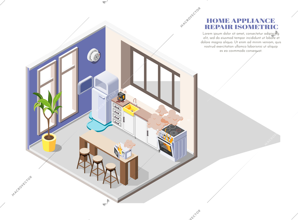 Broken home appliances isometric composition with leaking fridge burning oven and microwave in kitchen 3d vector illustration