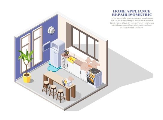 Broken home appliances isometric composition with leaking fridge burning oven and microwave in kitchen 3d vector illustration