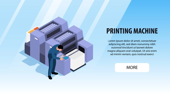 Polygraphy horizontal banner for advertising and more information about printing machines isometric vector illustration