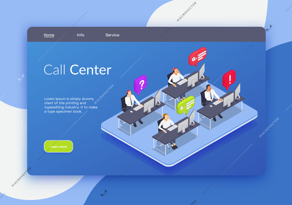 Customer service isometric banner or landing page with call center headline links and learn more button vector illustration