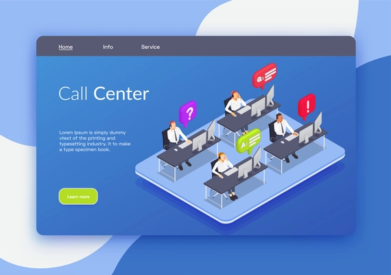 Customer service isometric banner or landing page with call center headline links and learn more button vector illustration