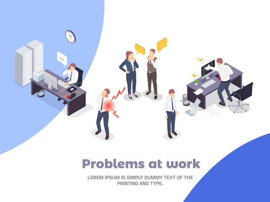 Problem situations at work isometric concept with problems at work headline and different stress situations vector illustration