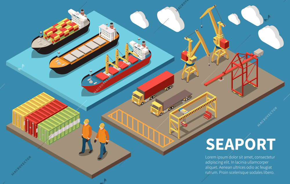 Cargo seaport container ships loading unloading cranes bulk carrier freight trucks deck workers 3 isometric compositions vector illustration