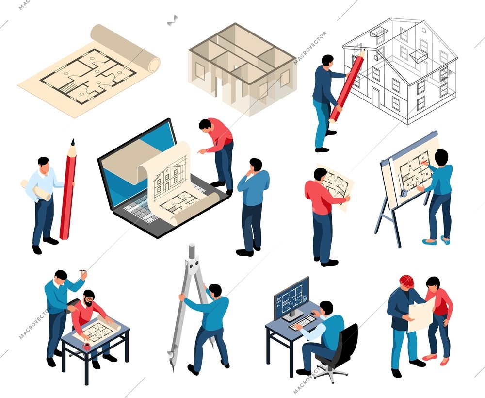 Professional architects and designers working at desk for sketching computer and printer isometric set isolated vector illustration