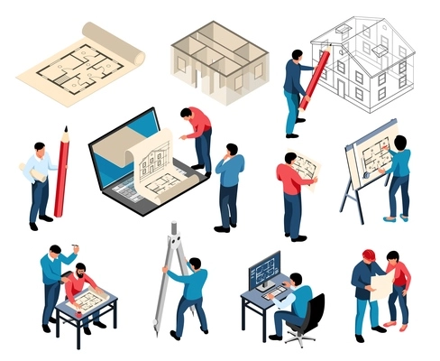 Professional architects and designers working at desk for sketching computer and printer isometric set isolated vector illustration