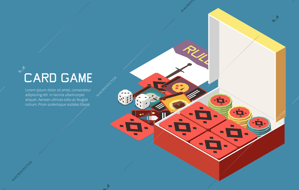 People playing board games isometric background with editable text and images of gaming set with chips vector illustration