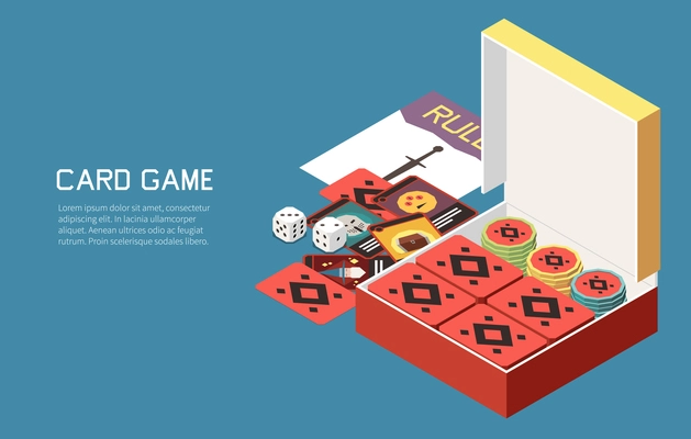 People playing board games isometric background with editable text and images of gaming set with chips vector illustration