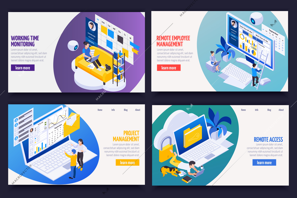 Remote work management concept 4 isometric banners with tracking projects data access employees productivity control vector illustration