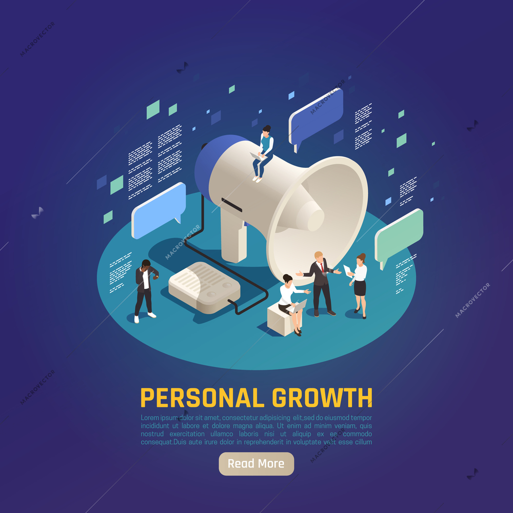 Personal growth isometric composition with big megaphone loudspeaker text messages communication symbols web page background vector illustration