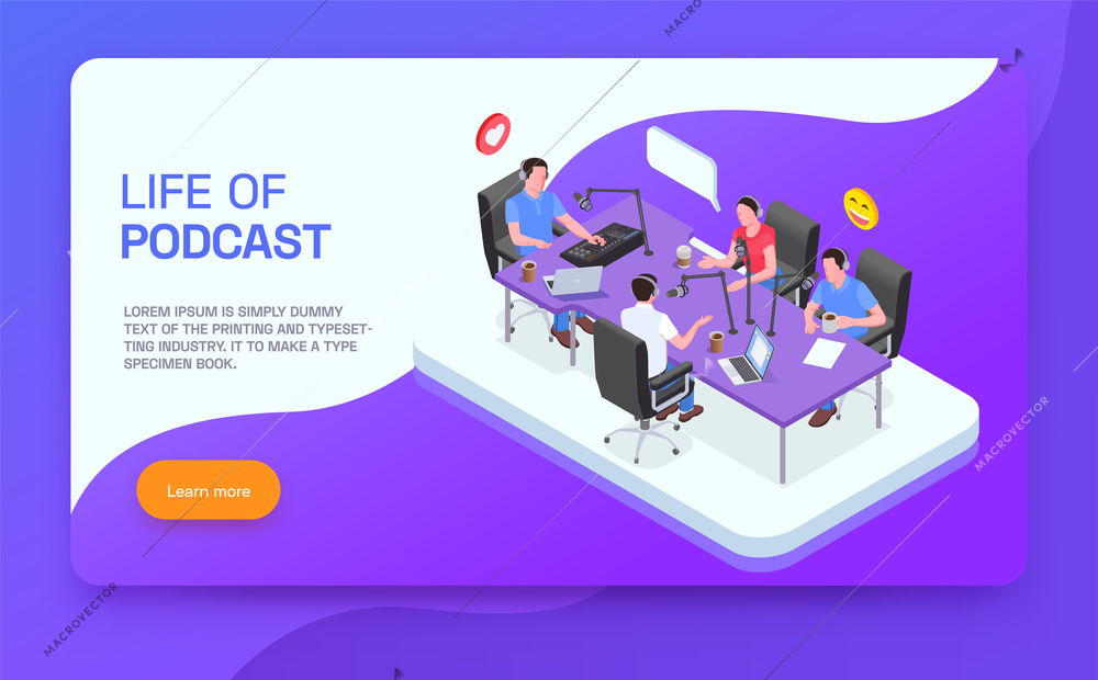 Radio studio poster with life of podcast symbols isometric vector illustration