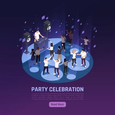 Party celebration isometric background with text read more button and round composition with people on dancefloor vector illustration