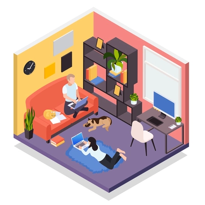 Remote work from home isometric living room interior view with young couple typing on laptops  vector illustration