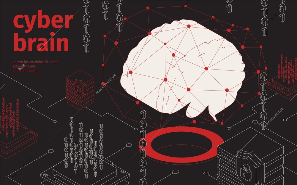 Cyber brain isometric background with image of human brain with network and shield lock security symbols vector illustration