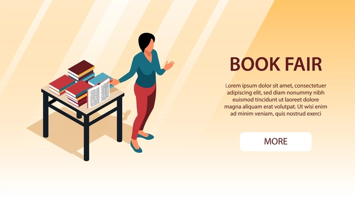 Isometric horizontal banner with consultant at book fair 3d vector illustration